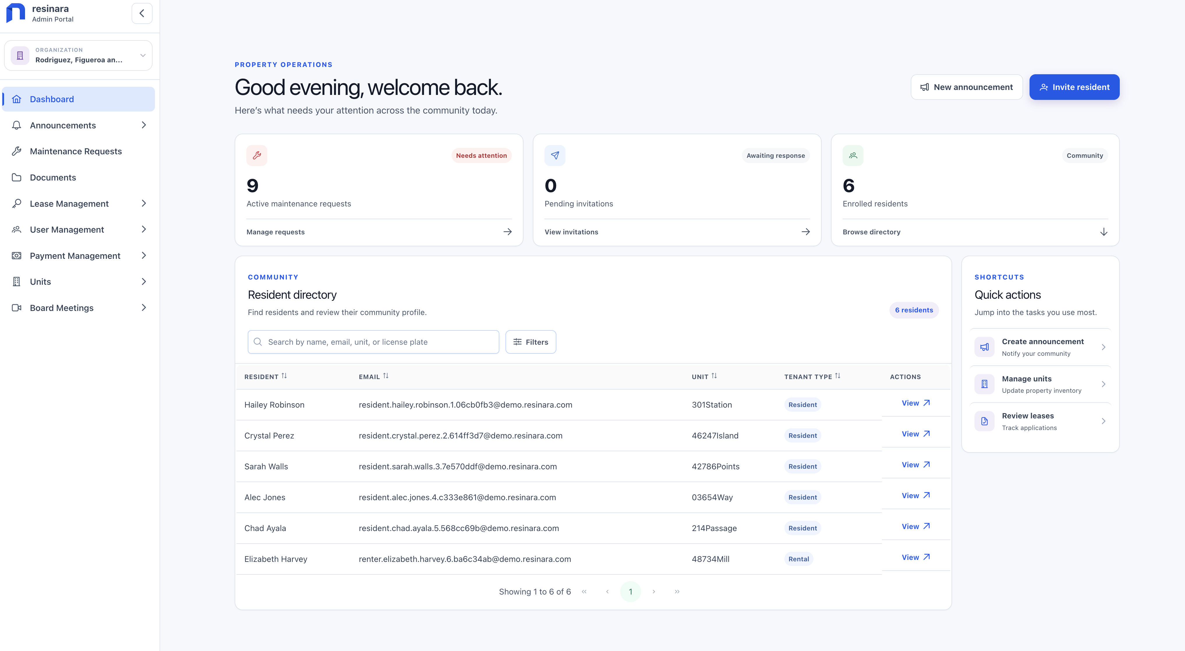 Resinara Tenant Management Dashboard